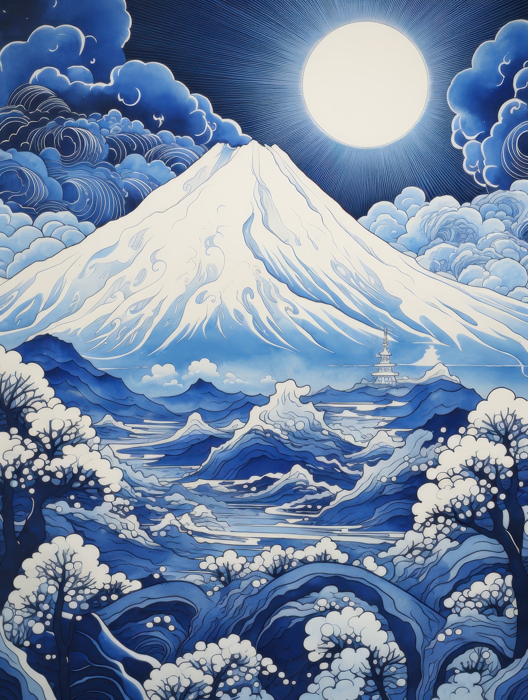Snowy Mount Fuji under Full Moon