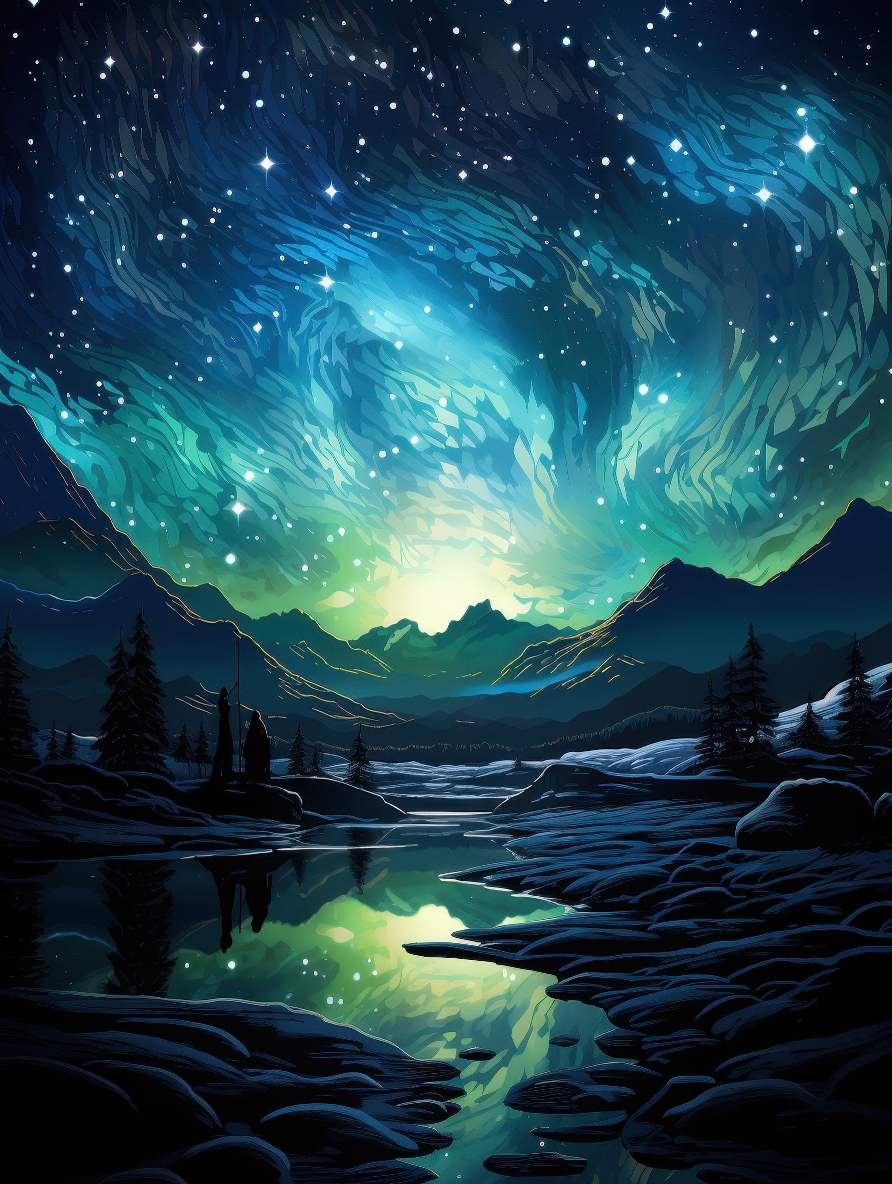 Vibrant Starry Sky over Alpine Lake