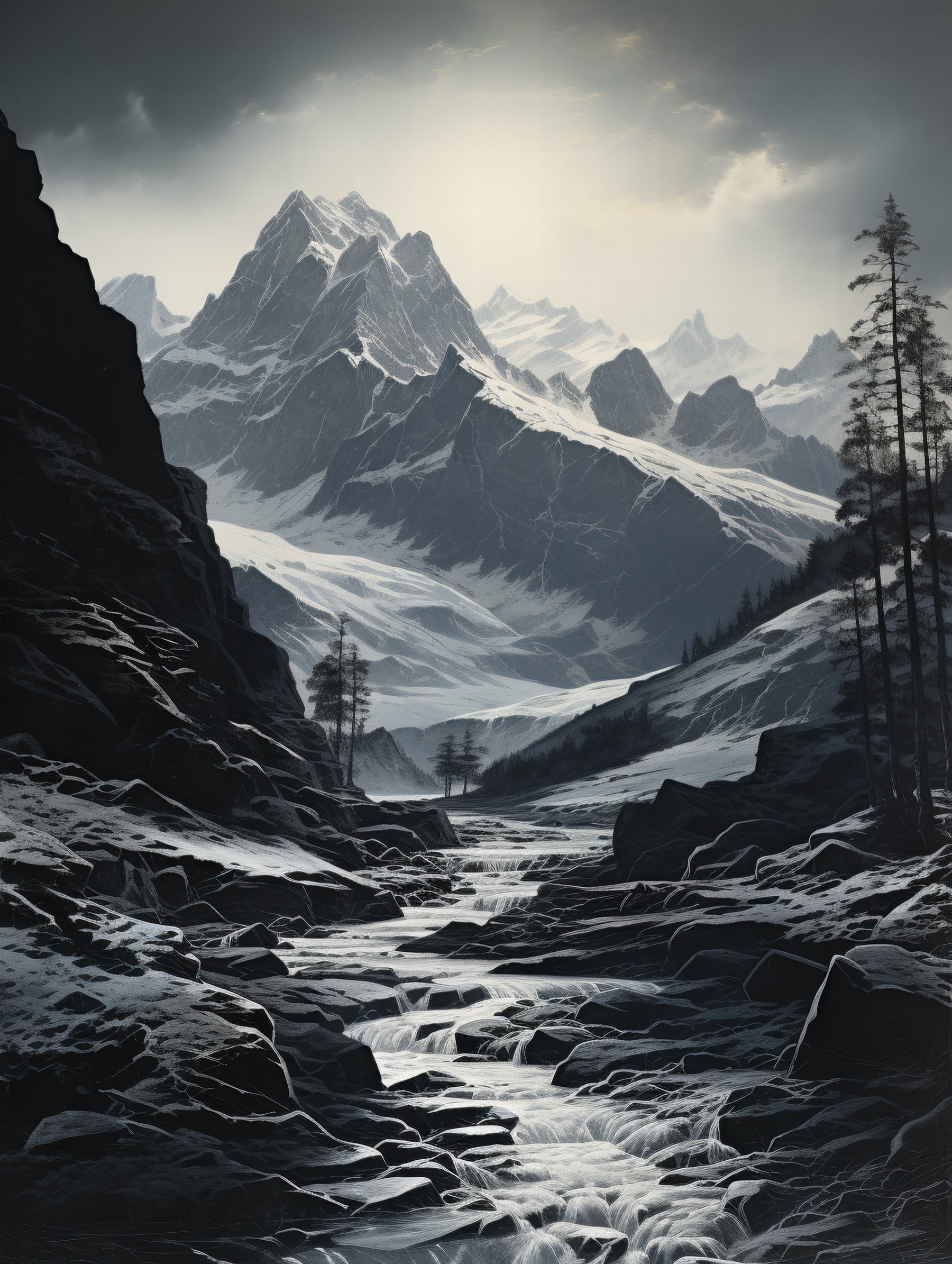 Icy Mountain Stream under Moonlight