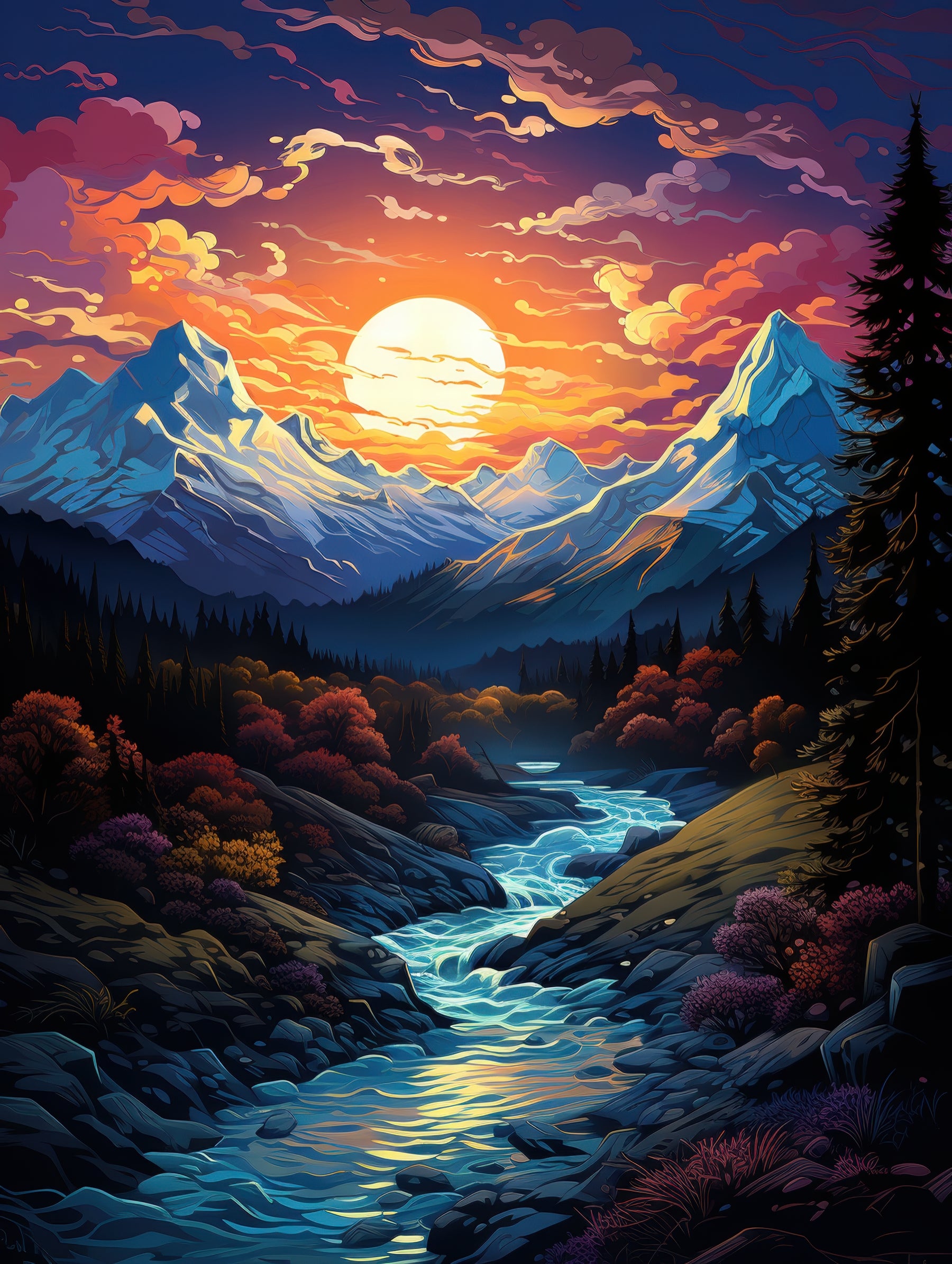 Vibrant Sunset over Mountain River