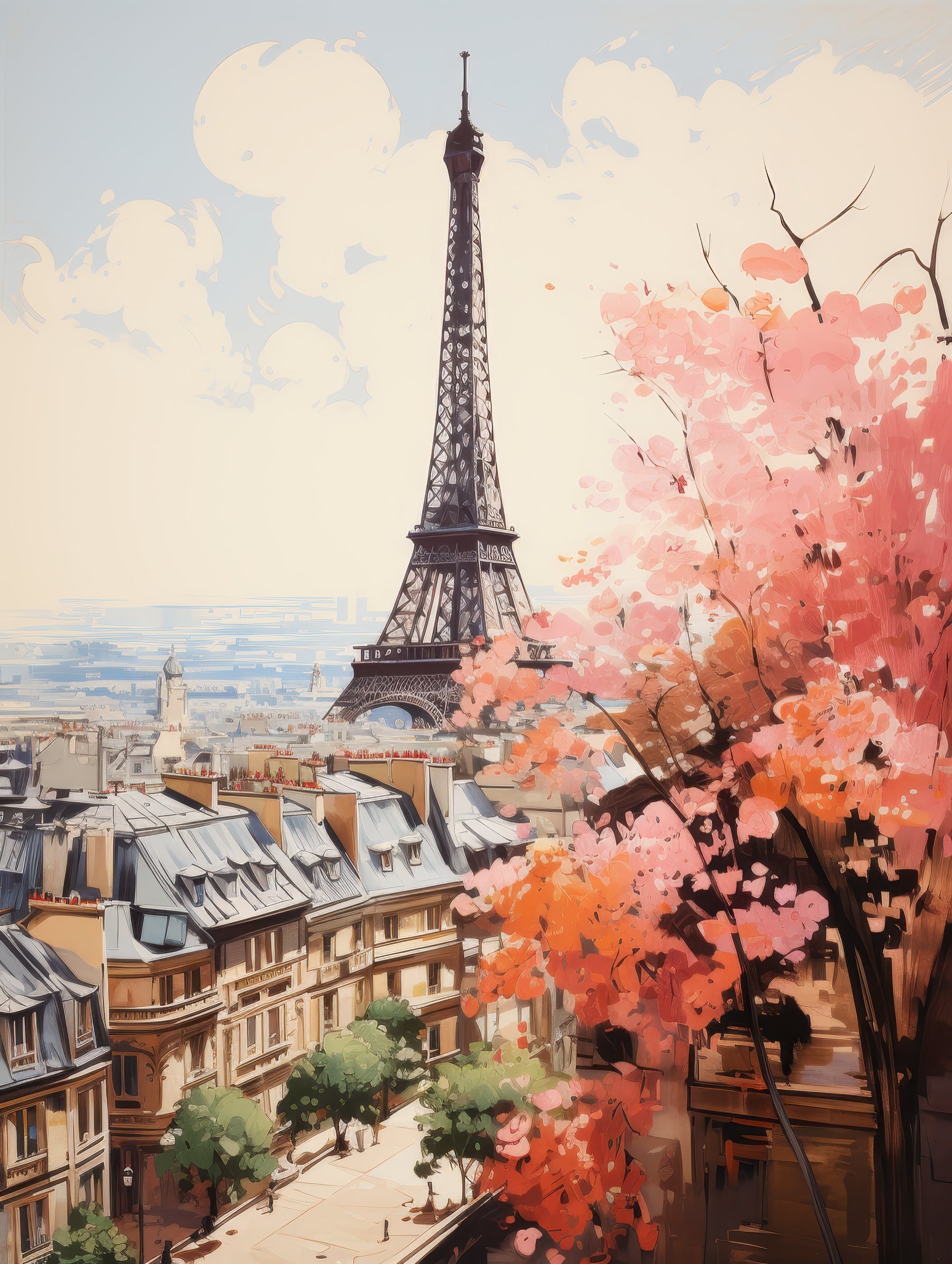 Eiffel Tower with Blooming Cherry Blossoms