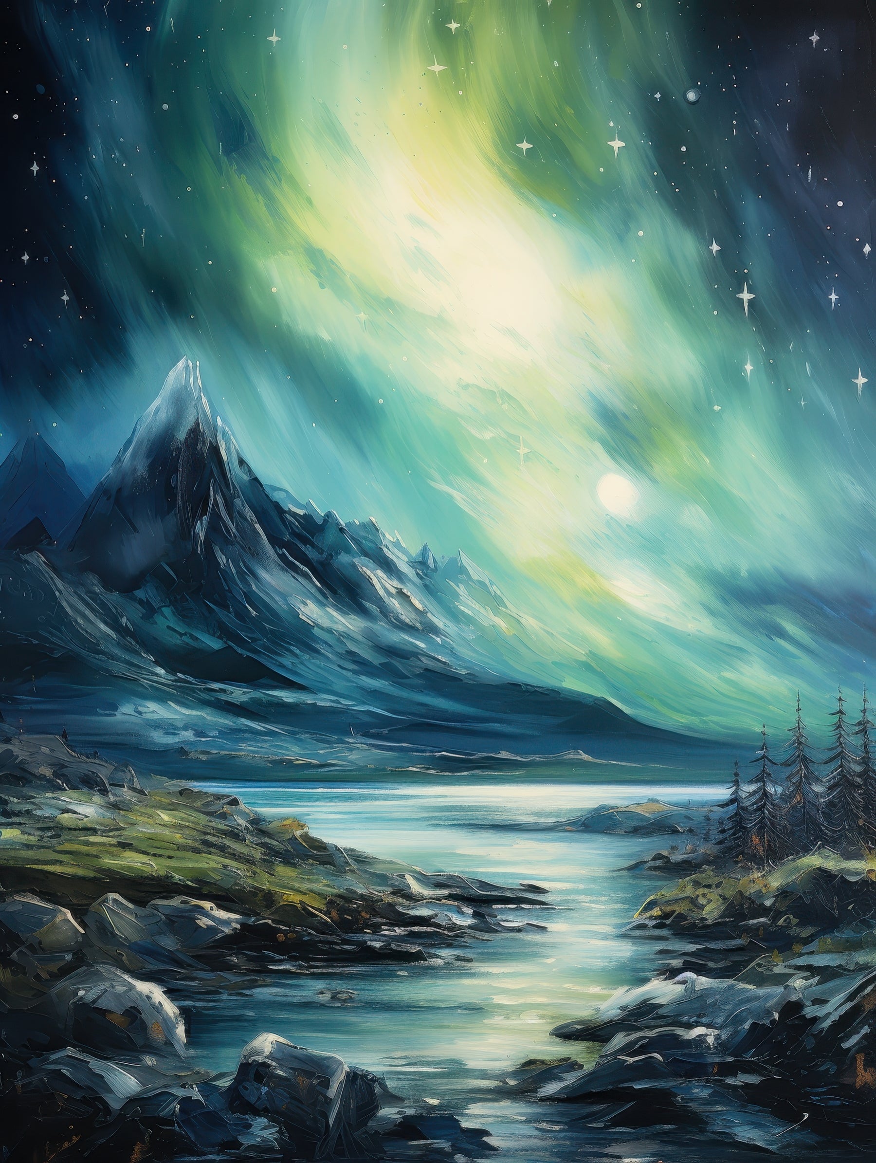 Aurora over Rugged Mountain Stream