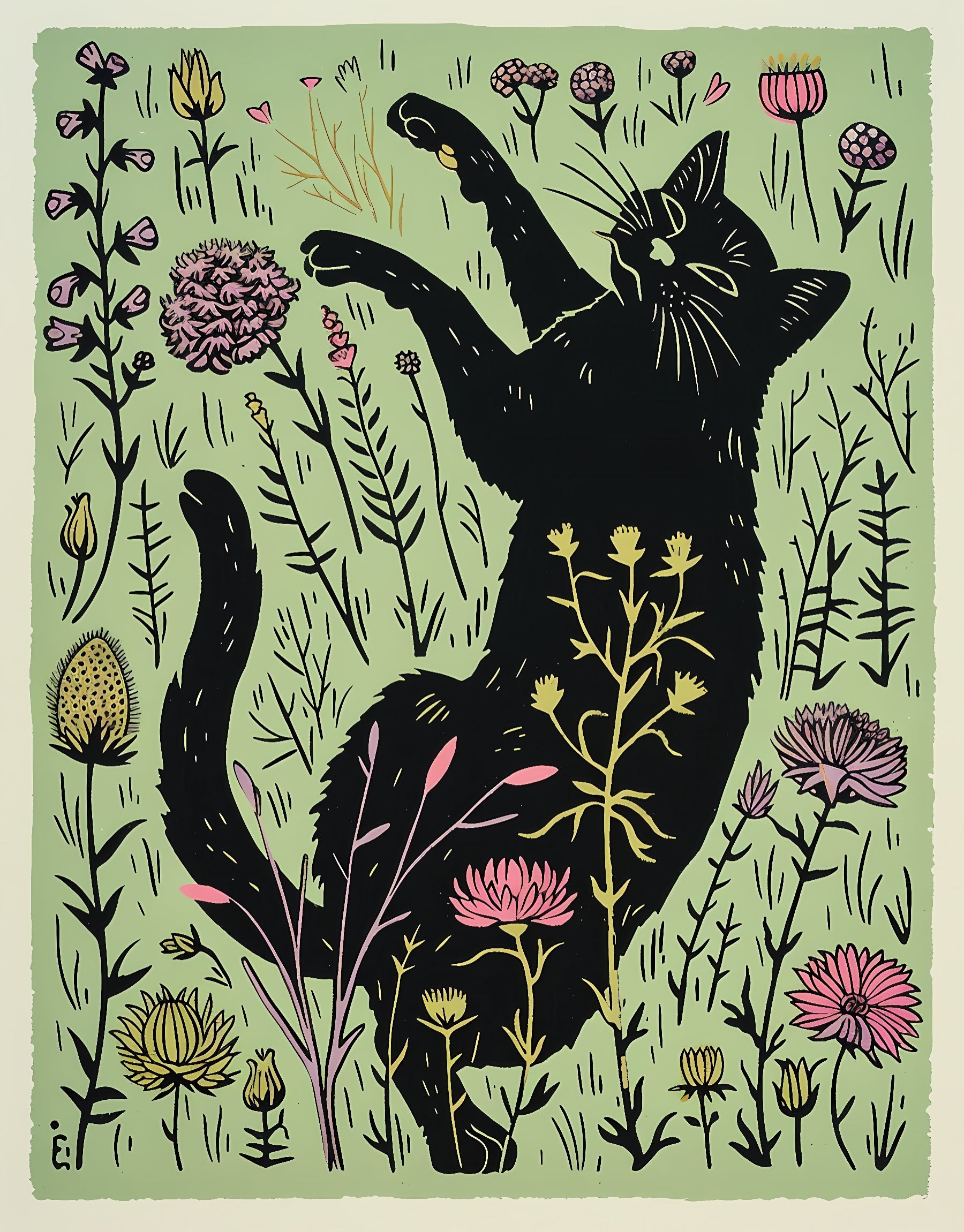 Black Cat in Flower Field