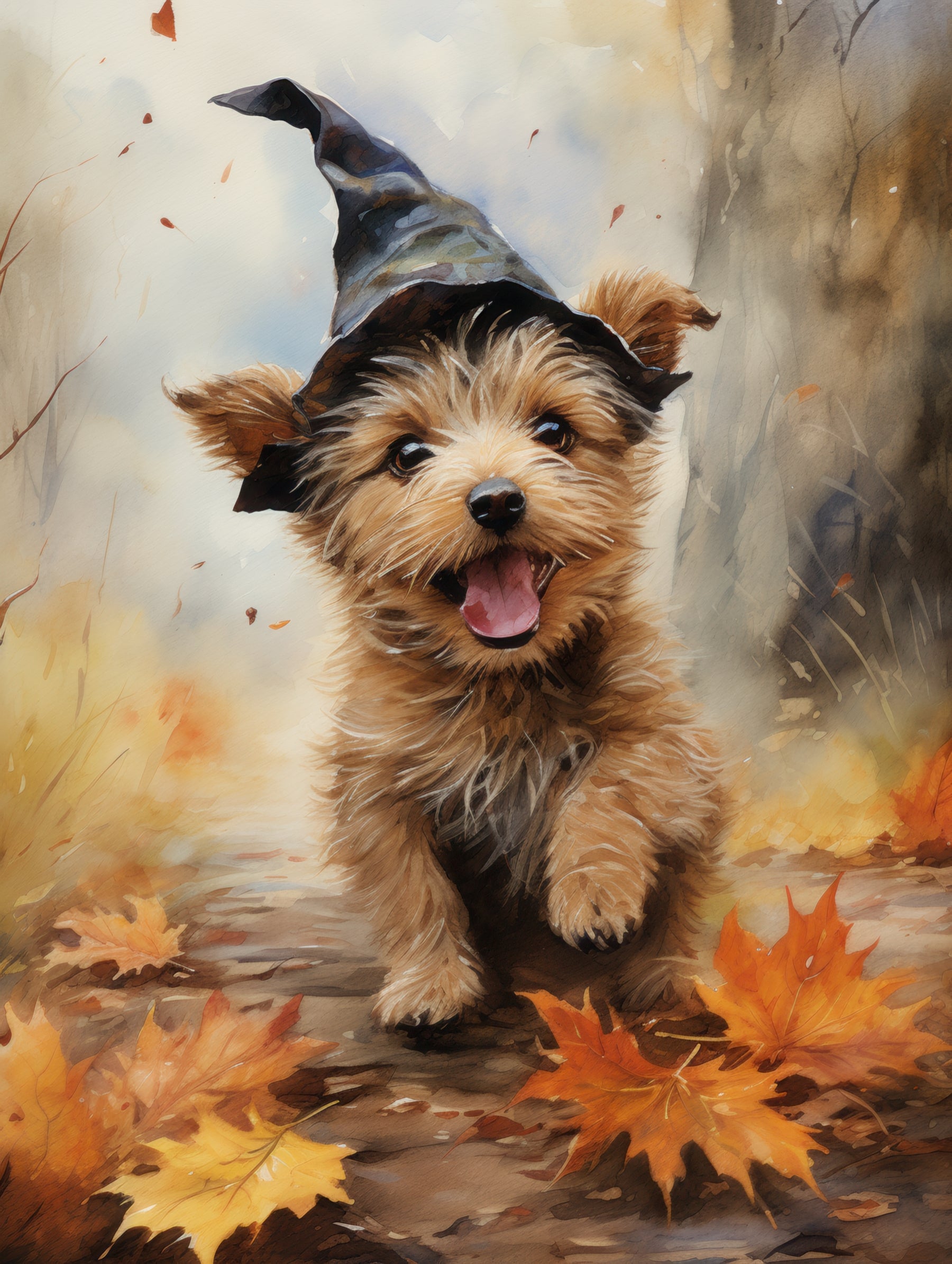 Playful Puppy in Witch Hat
