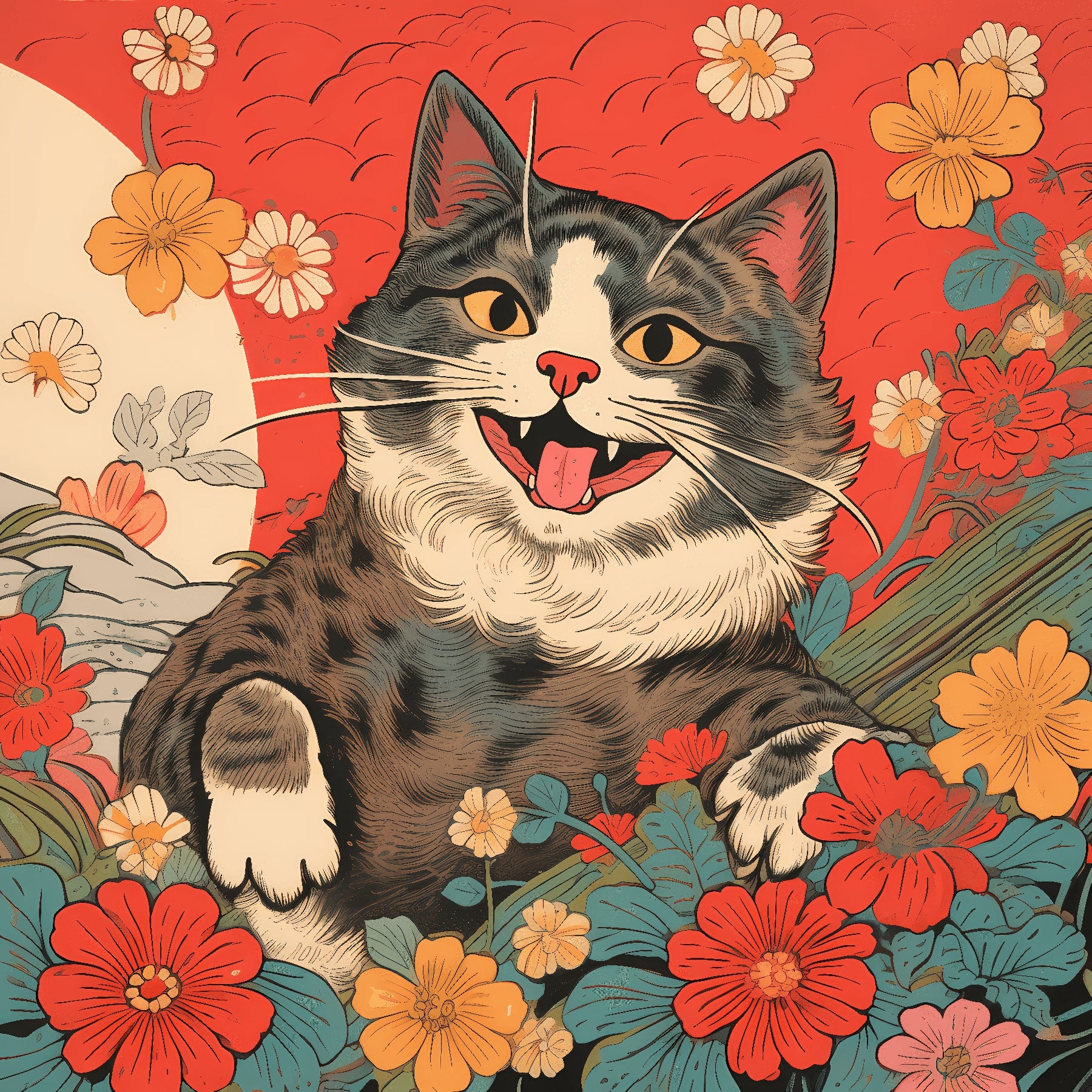 Joyful Cat in Flower Field