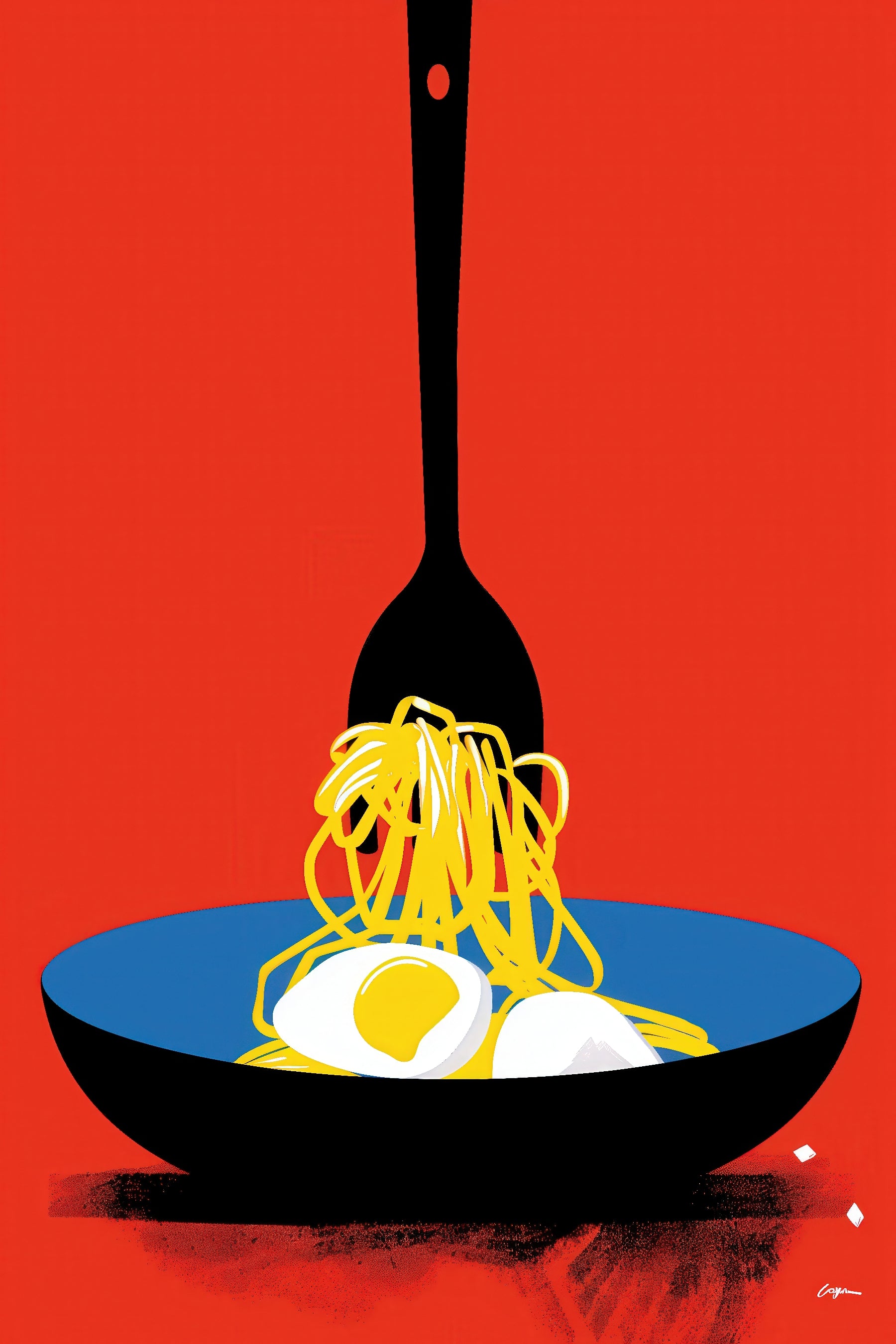 Spaghetti and Egg on Red Background