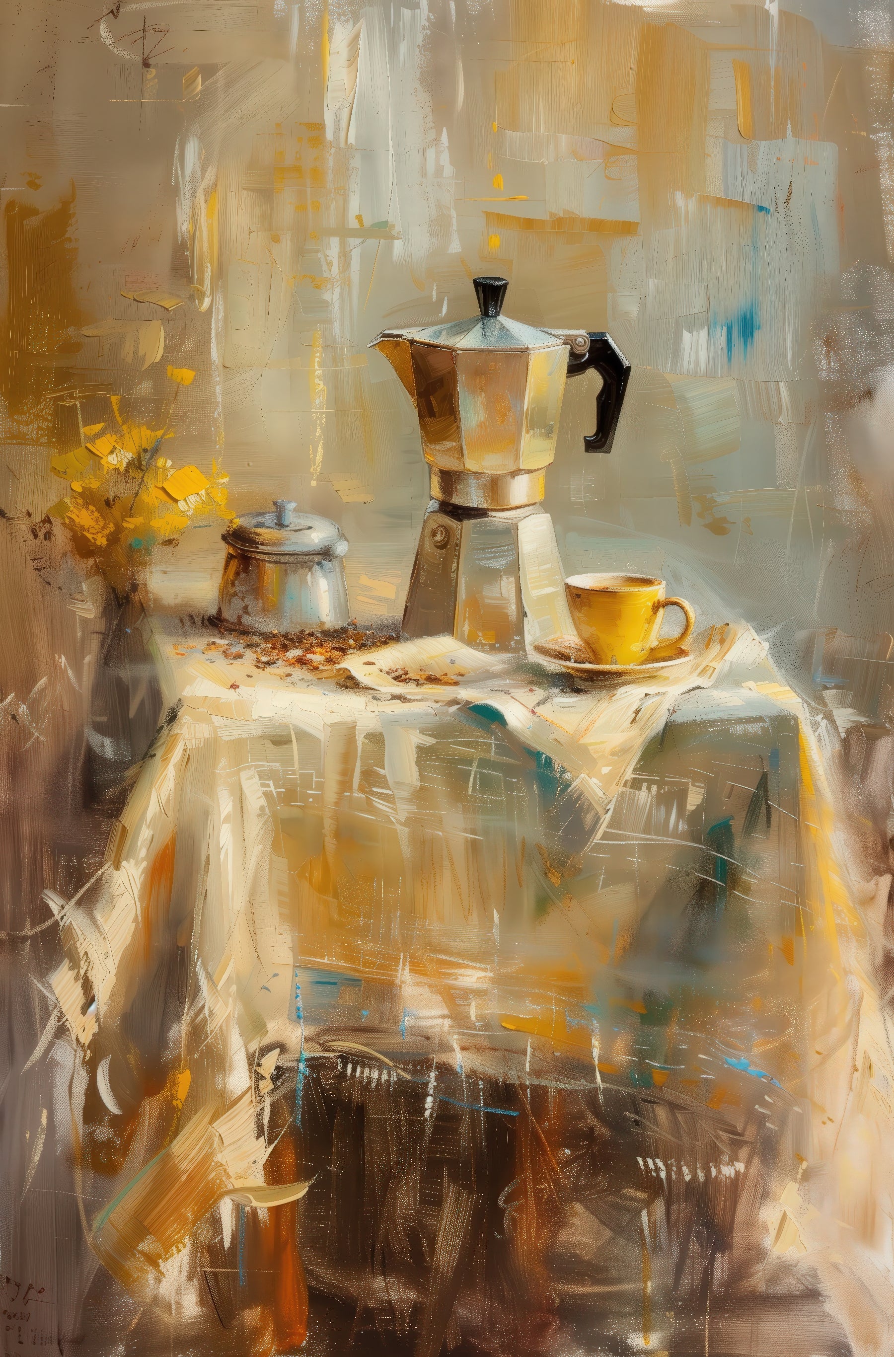 Rustic Coffee Pot with Tablecloth