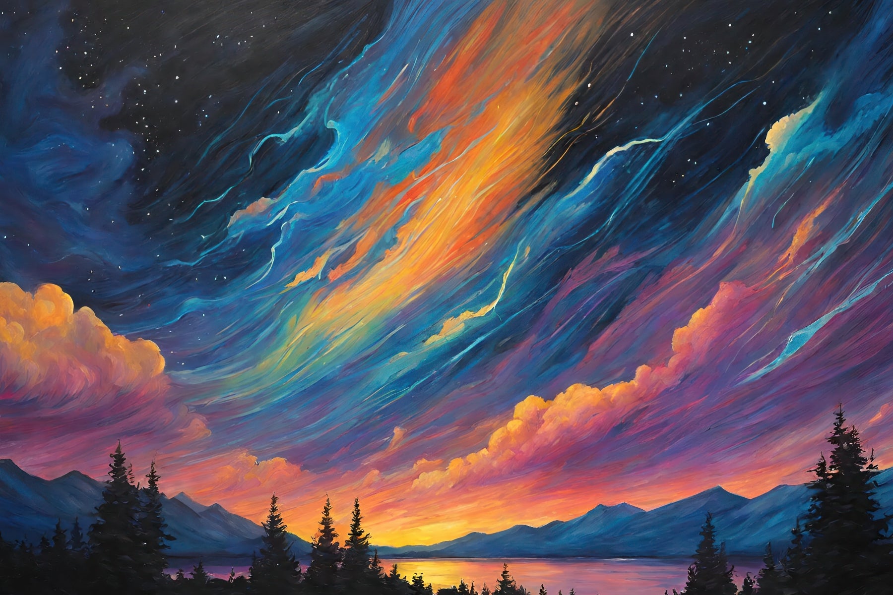 Vibrant Sky Over Forest and Mountains