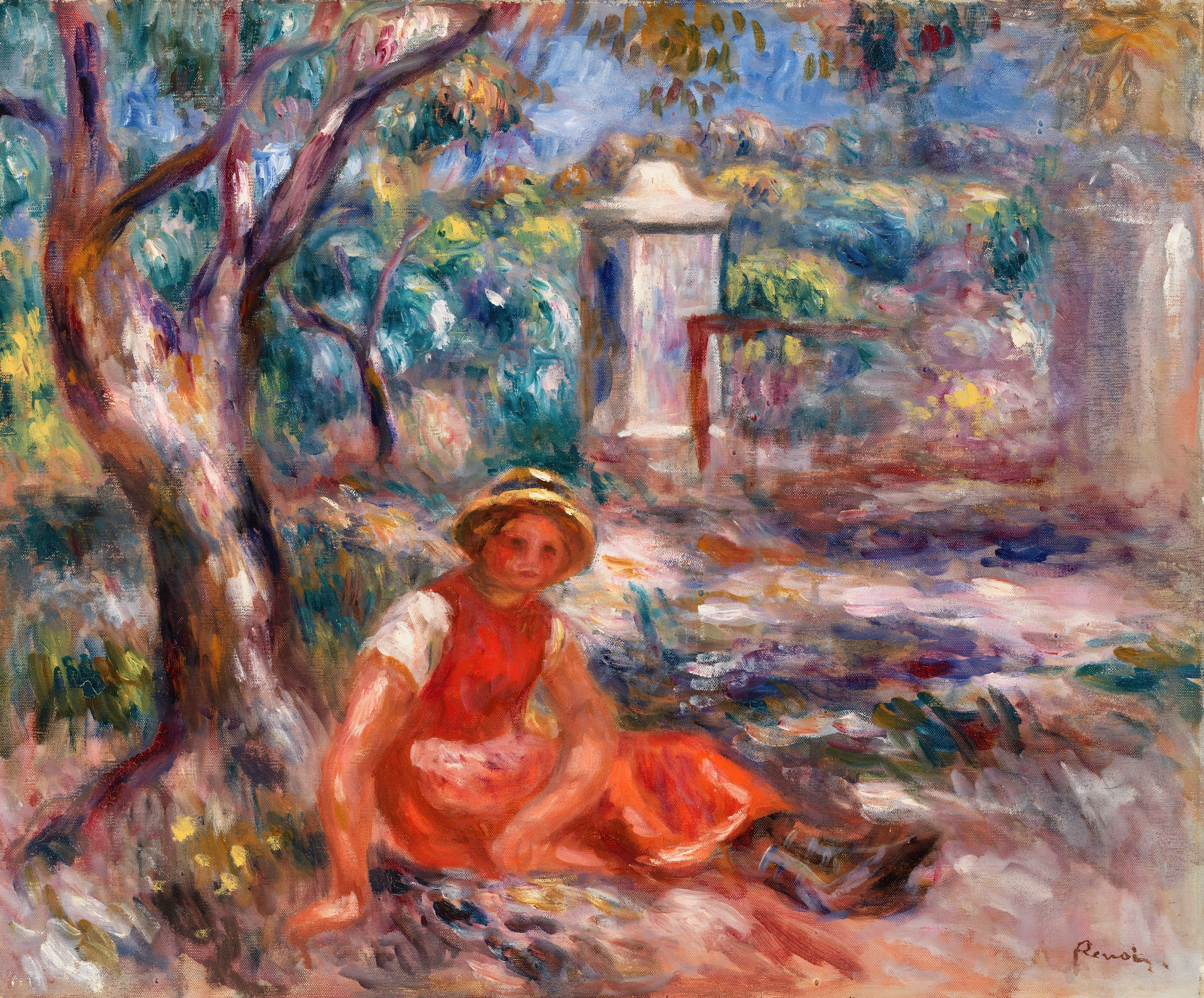 Girl in a Red Dress Resting Outdoors