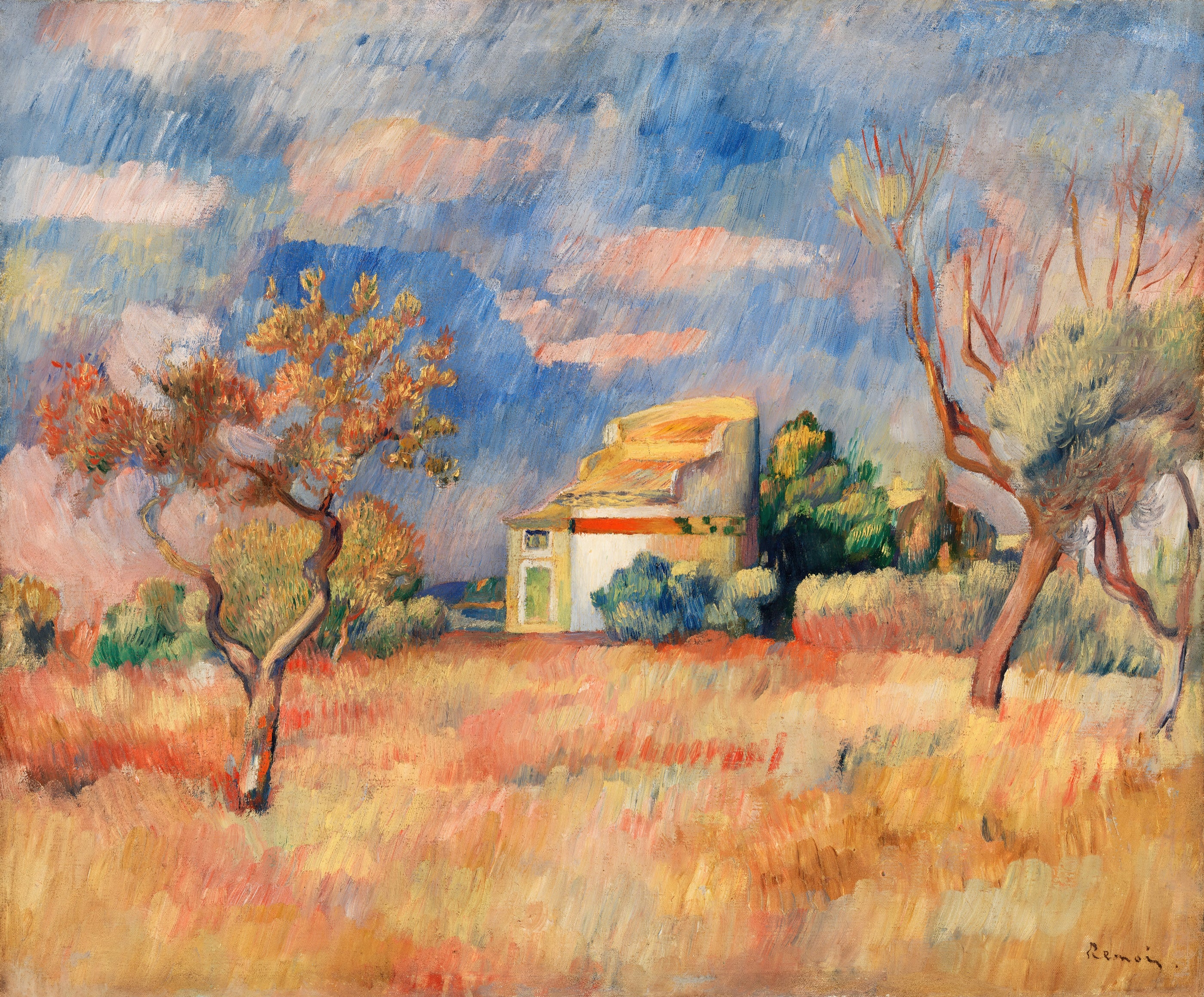 House in a Field with Bright Sky