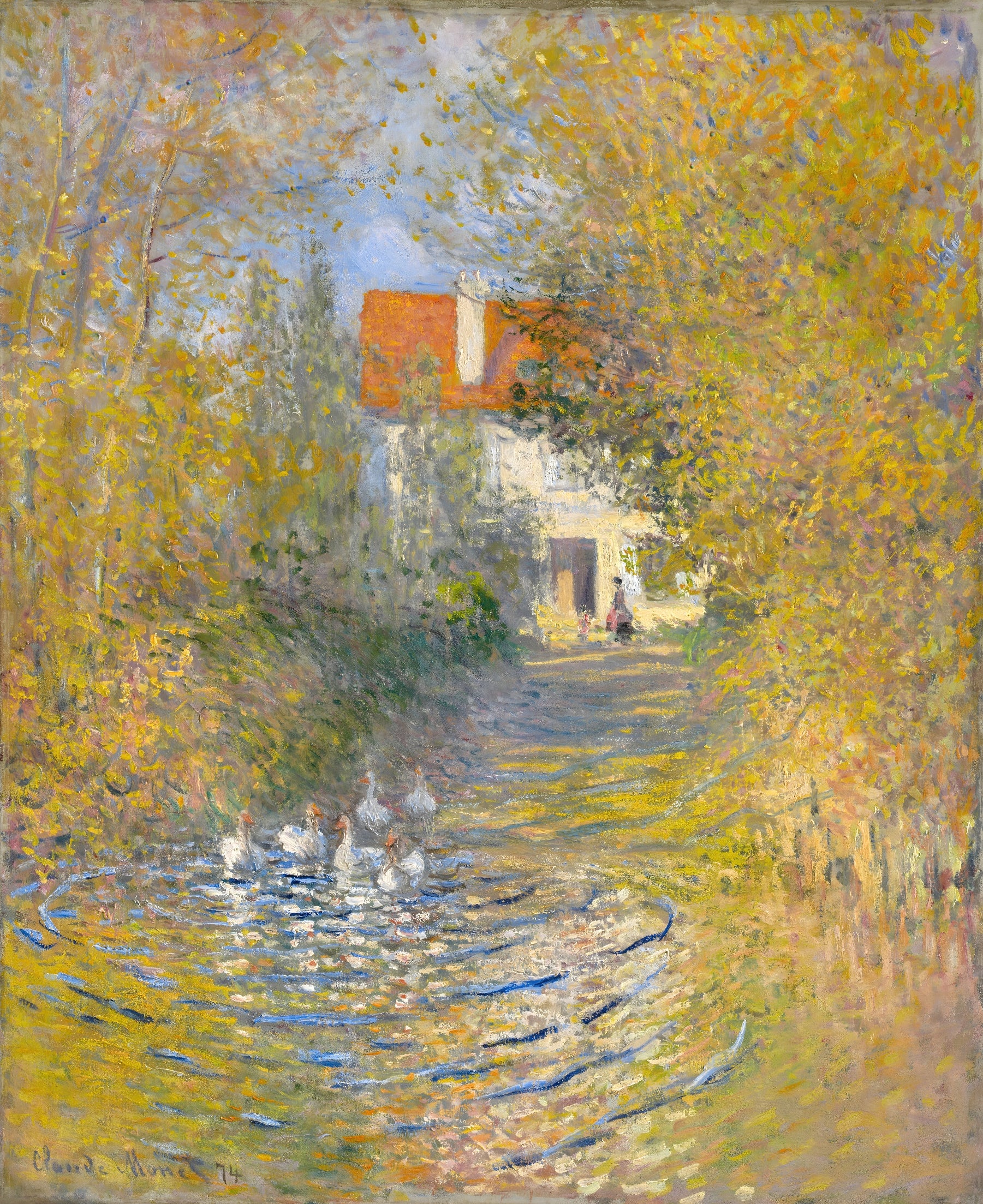 Ducks in a Stream by a Cottage